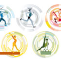 Five different Olympic sports on a circular background.